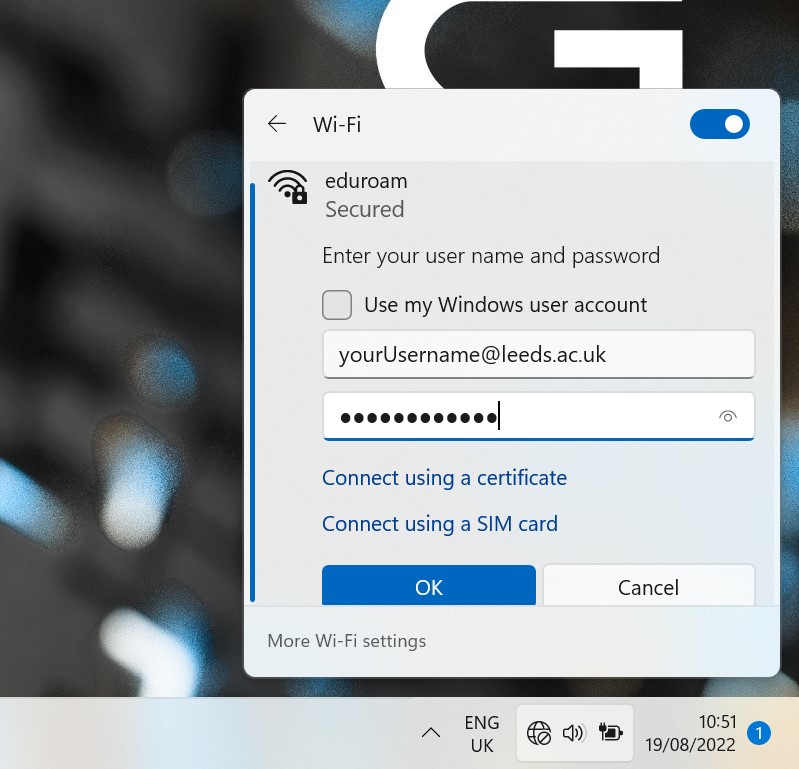 screenshot of the login section when signing in to Eduroam using Windows 11